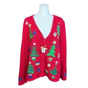 Tiara International Christmas‎ Cardigan Women M Holiday Knit Embellished 90s Zip